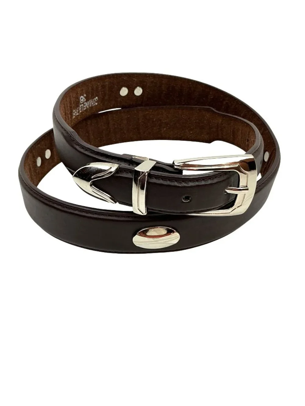 Western Leather Belt With Polished Silver Buckle & Oval Detail Mens 38 Brown